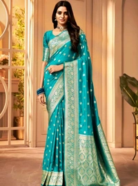 Women's Kanjivaram Soft Banarasi Silk Saree With Blouse Piece Firozi
 - Free Size, Green