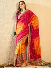 Women's Bandhani Saree With Lace Border And Unstitched Blouse Piece - Web Orange, Free Size