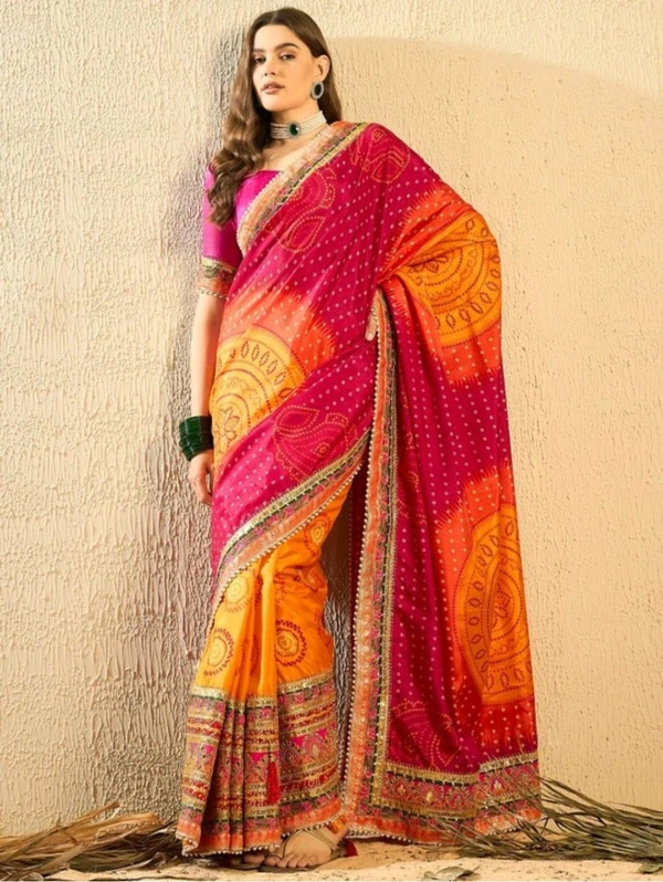 Women's Bandhani Saree With Lace Border And Unstitched Blouse Piece - Web Orange, Free Size