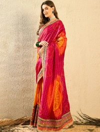 Women's Bandhani Saree With Lace Border And Unstitched Blouse Piece - Web Orange, Free Size