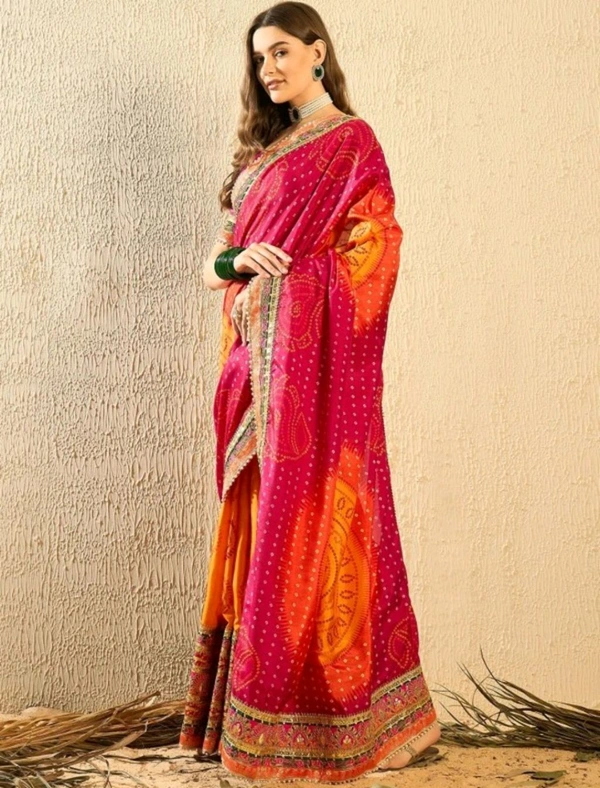 Women's Bandhani Saree With Lace Border And Unstitched Blouse Piece - Web Orange, Free Size