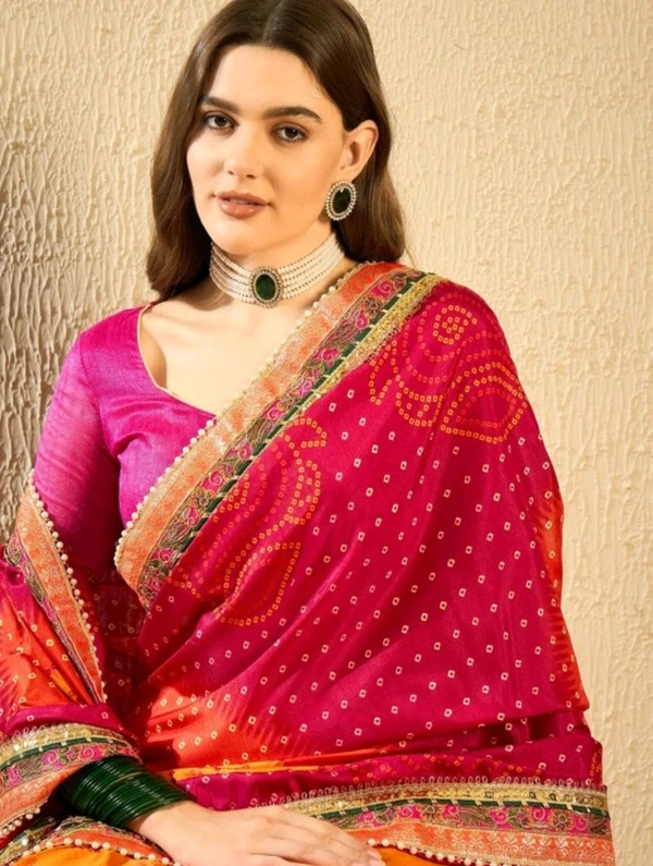 Women's Bandhani Saree With Lace Border And Unstitched Blouse Piece - Web Orange, Free Size