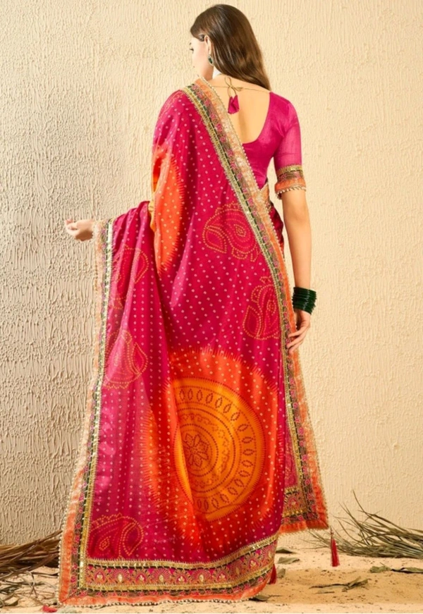 Women's Bandhani Saree With Lace Border And Unstitched Blouse Piece - Web Orange, Free Size