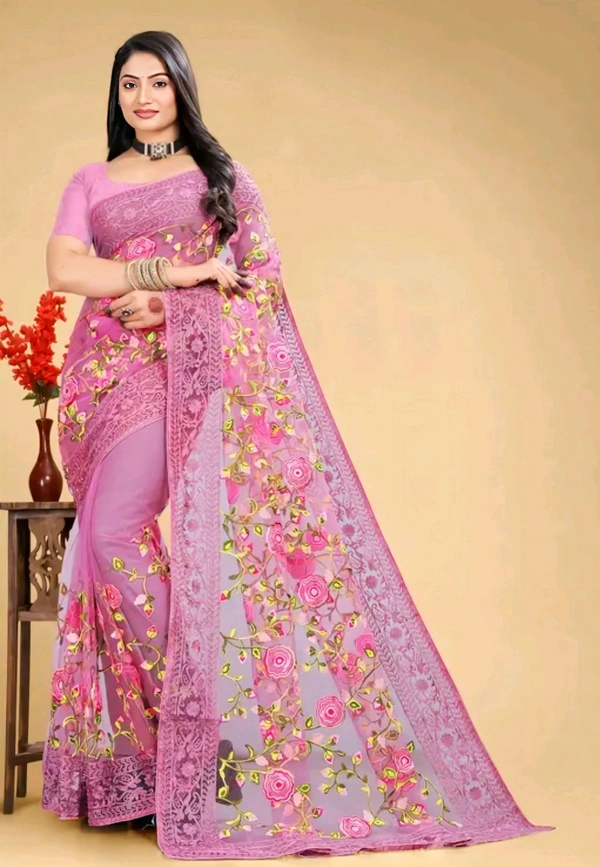 Arkia Net Saree With All Over Work And Embellished Borders - Free Size
