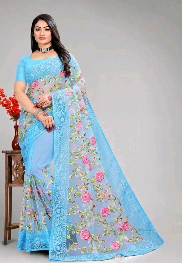 Arkia Net Saree With All Over Work And Embellished Borders - Free Size
