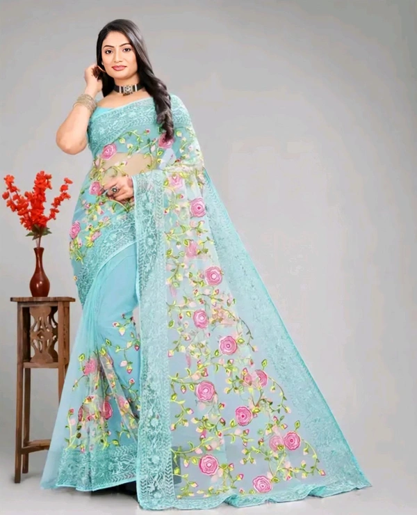 Arkia Net Saree With All Over Work And Embellished Borders - Free Size