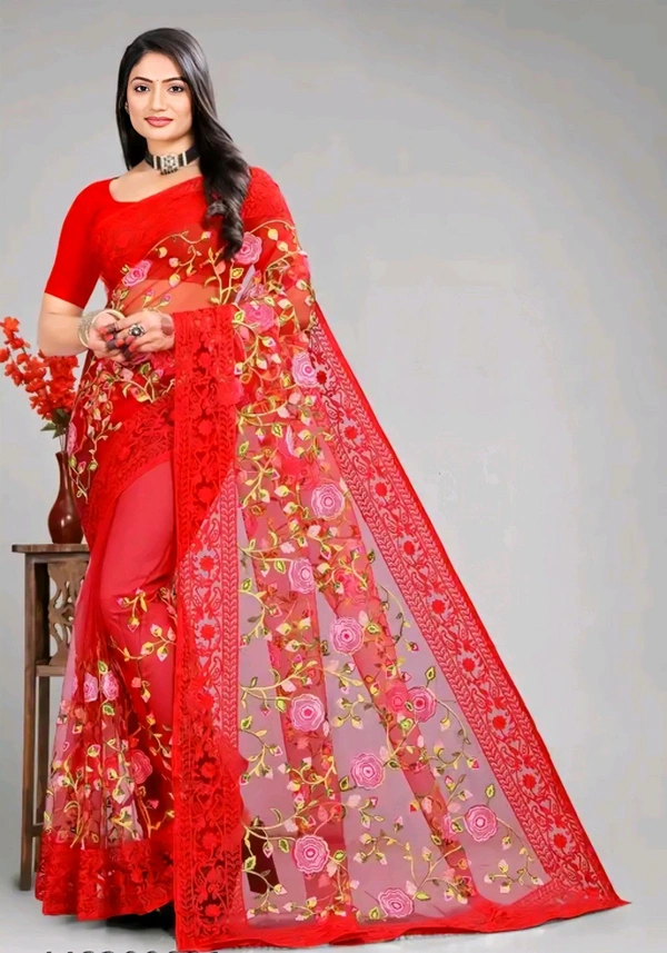 Arkia Net Saree With All Over Work And Embellished Borders - Free Size