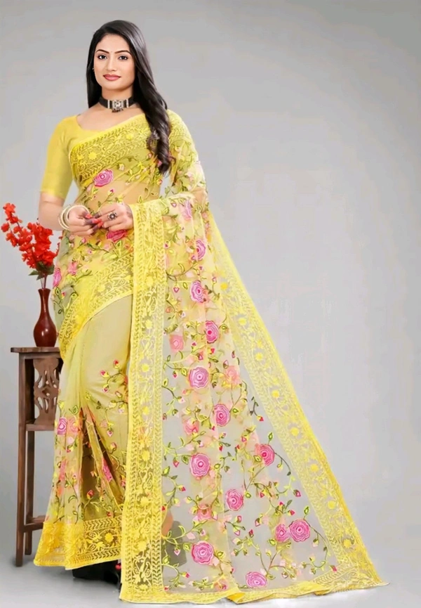 Arkia Net Saree With All Over Work And Embellished Borders - Free Size