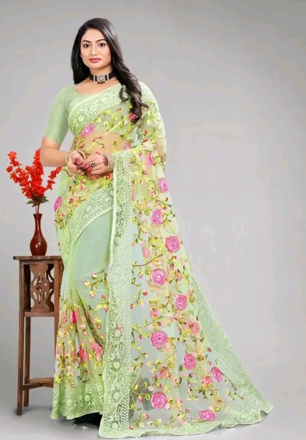 Arkia Net Saree With All Over Work And Embellished Borders - Free Size