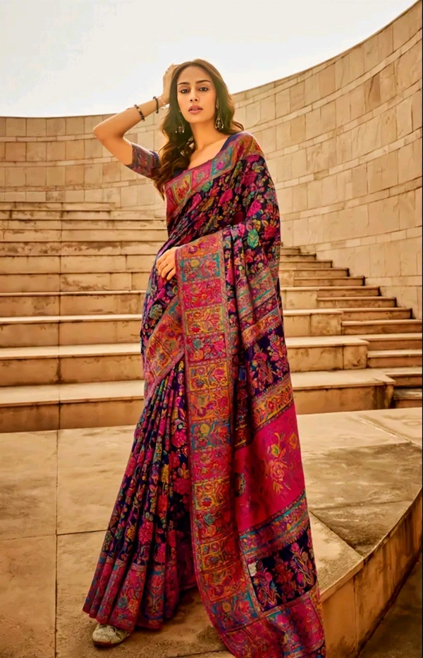 Pure Jamewar Kashmiri Modal Handloom Weaving Work Kanchipuram Paithani Silk saree1 - Free Size