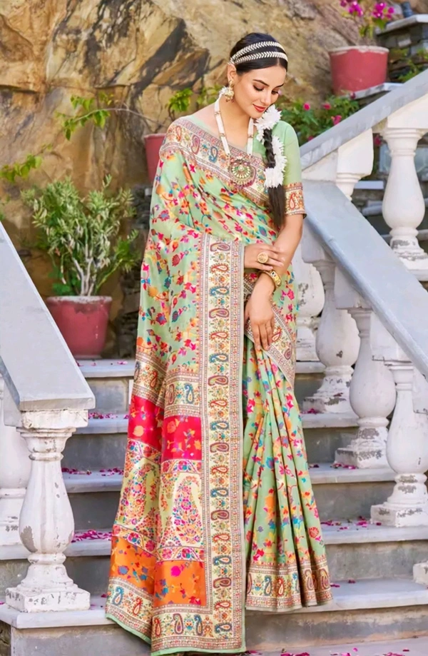 Women's Banarasi Cotton Silk Saree | Pashmina Jamawar Pattern & Golden Zari | Unstitched Blouse for Custom Fit - Free Size