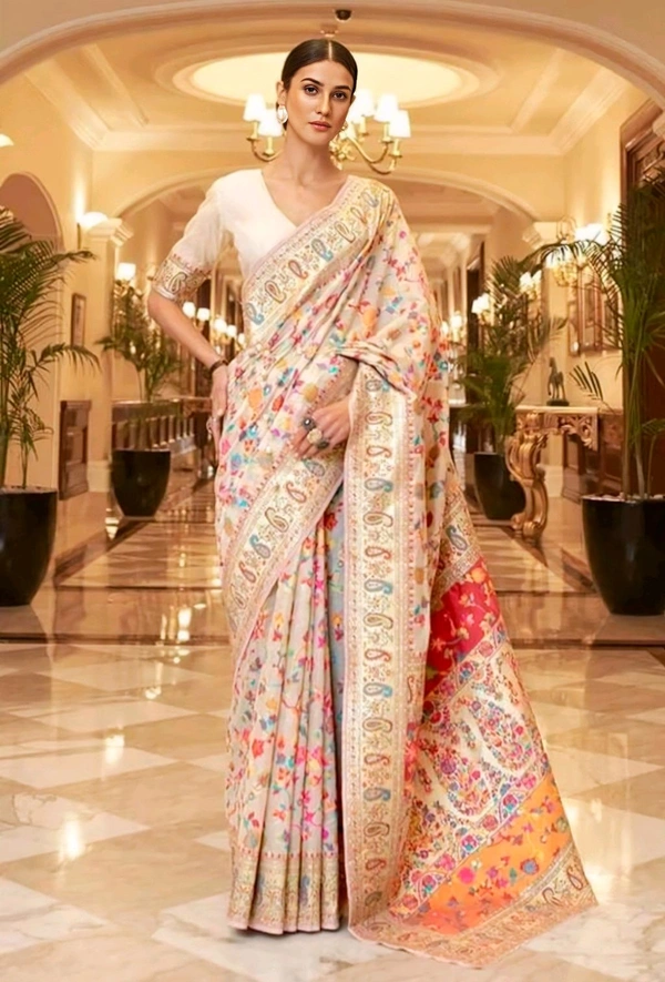 Women's Banarasi Cotton Silk Saree | Pashmina Jamawar Pattern & Golden Zari | Unstitched Blouse for Custom Fit - Free Size