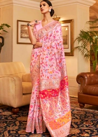 Women's Banarasi Cotton Silk Saree | Pashmina Jamawar Pattern & Golden Zari | Unstitched Blouse for Custom Fit - Free Size