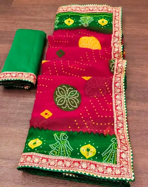 Sawan Special Bandhani Print Georgette Saree, soft georgette fabric, codding with sequence embroidery work lace on border.superhit bandhani design with blouse.
 - Free Size