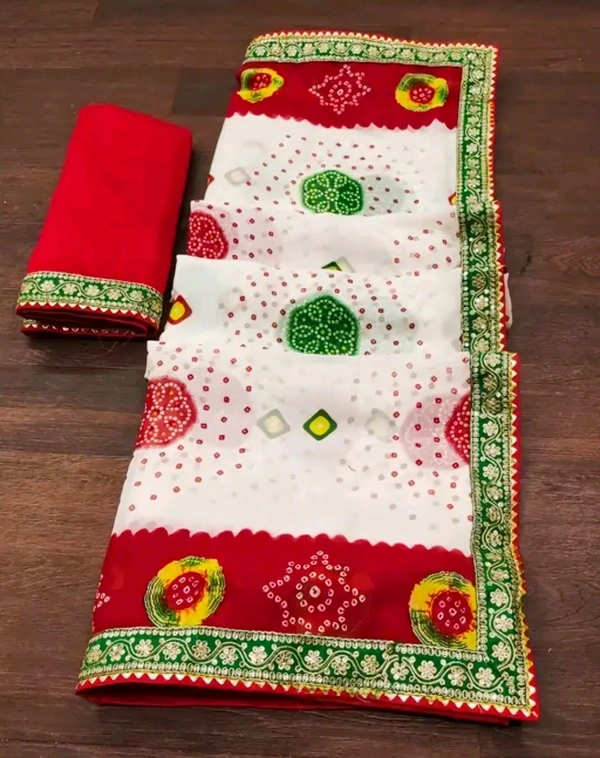 Sawan Special Bandhani Print Georgette Saree, soft georgette fabric, codding with sequence embroidery work lace on border.superhit bandhani design with blouse.
 - Free Size