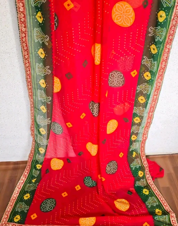 Sawan Special Bandhani Print Georgette Saree, soft georgette fabric, codding with sequence embroidery work lace on border.superhit bandhani design with blouse.
 - Free Size