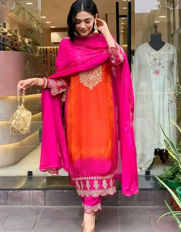 Women Fancy Chinon Silk Coding & Sequnce with real Mirror and Digital Print Kurta set With Dupatta set

