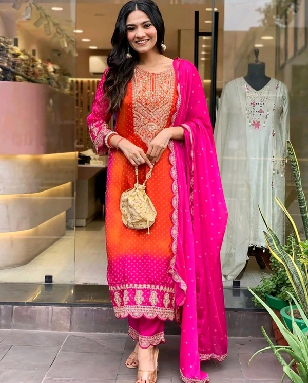 Women Fancy Chinon Silk Coding & Sequnce with real Mirror and Digital Print Kurta set With Dupatta set
