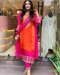 Women Fancy Chinon Silk Coding & Sequnce with real Mirror and Digital Print Kurta set With Dupatta set

