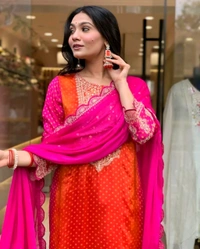 Women Fancy Chinon Silk Coding & Sequnce with real Mirror and Digital Print Kurta set With Dupatta set

