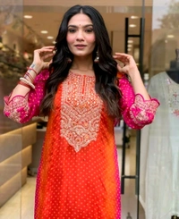 Women Fancy Chinon Silk Coding & Sequnce with real Mirror and Digital Print Kurta set With Dupatta set
