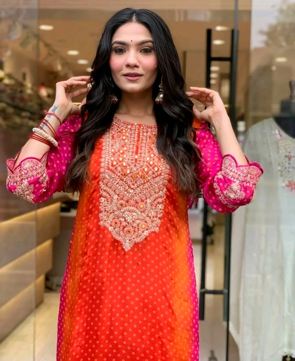 Women Fancy Chinon Silk Coding & Sequnce with real Mirror and Digital Print Kurta set With Dupatta set
