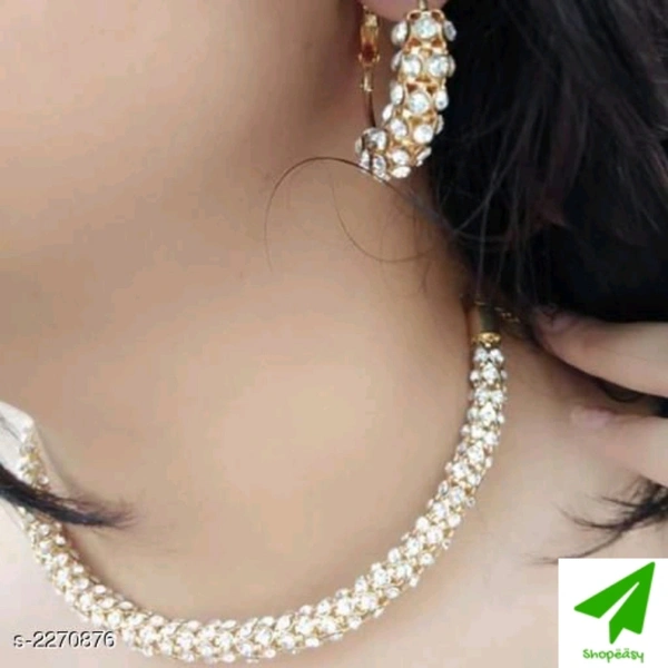 Women's Gold Plated America Diamond Jewelry Set - white, Description: It Has 1 Piece Of Necklace With 1 Pair of Earrings. 