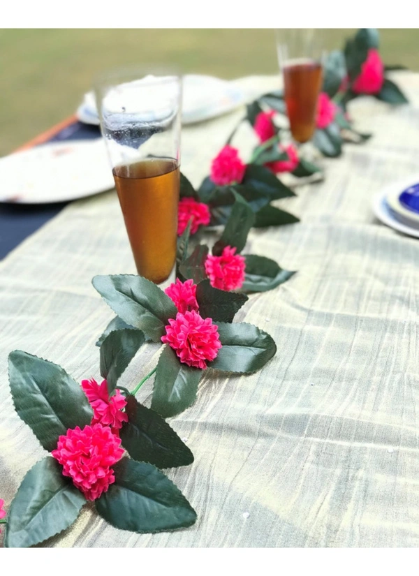 Artificial Dark Pink Marigold Genda Flower Vine Creeper With Big Green Leaves For Home Decoration (Color: DarkPink, Material: Silk Polyester) - 6.5 Feet, 0.1, Darkpink