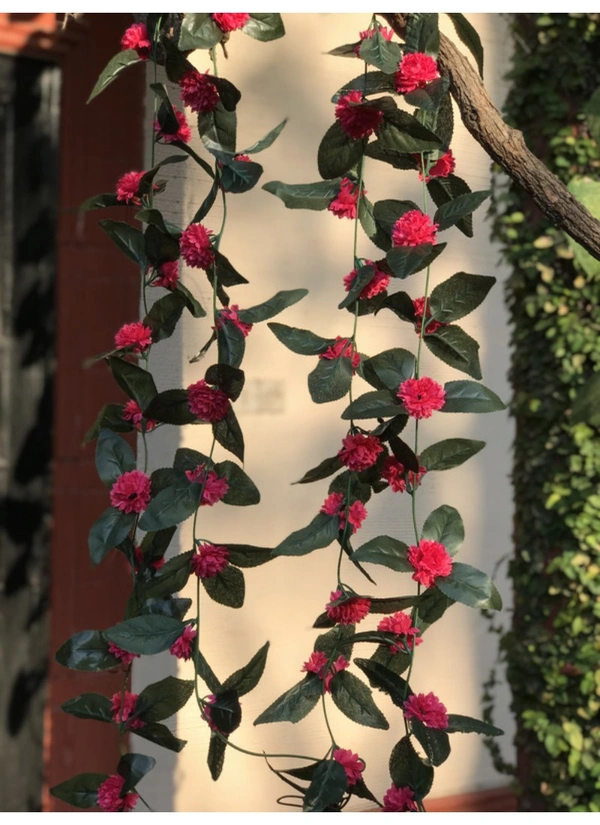 Artificial Dark Pink Marigold Genda Flower Vine Creeper With Big Green Leaves For Home Decoration (Color: DarkPink, Material: Silk Polyester) - 6.5 Feet, 0.1, Darkpink