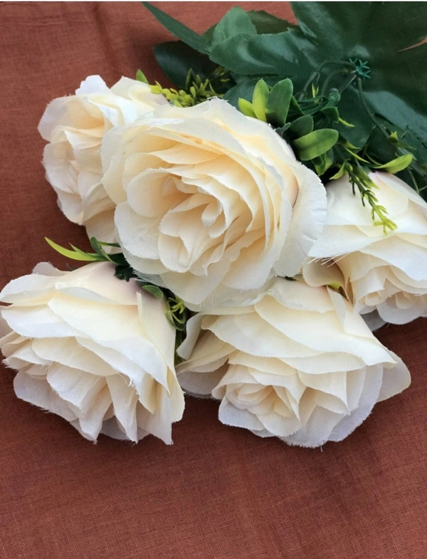Artificial Flowers Bunch Bouquet Of 5 Champagne Roses For Home Decoration (Color: Cream, Material: Silk Polyester) - 12 Inches, 0.3, Cream