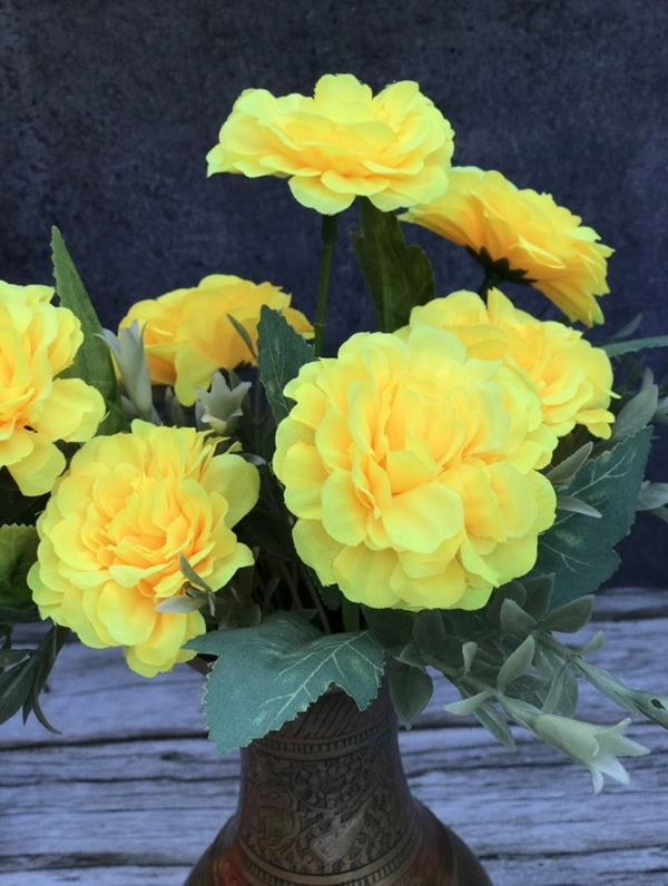 Artificial Flowers Bunch Bouquet Of 5 Marigold Genda Flowers For Home Decoration (Color: Yellow, Material: Silk Polyester) - 12 Inches, 0.3, Yellow