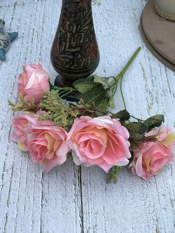 Artificial Flowers Bunch Bouquet Of 5 Vintage Garden Roses For Home Decoration (Peach Pink, Material:Silk, Polyester) - 0.35, PeachPink