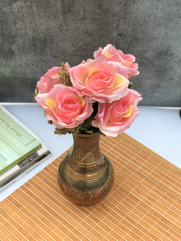 Artificial Flowers Bunch Bouquet Of 5 Vintage Garden Roses For Home Decoration (Peach Pink, Material:Silk, Polyester) - 0.35, PeachPink
