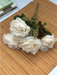 Artificial Flowers Bunch Bouquet Of 5 Vintage Garden Roses For Home Decoration (White, Material:Silk, Polyester) - 0.35, White