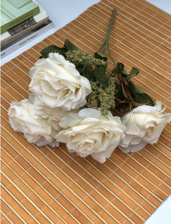 Artificial Flowers Bunch Bouquet Of 5 Vintage Garden Roses For Home Decoration (White, Material:Silk, Polyester) - 0.35, White