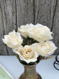 Artificial Flowers Bunch Bouquet Of 5 Vintage Garden Roses For Home Decoration (White, Material:Silk, Polyester) - 0.35, White