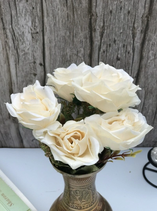 Artificial Flowers Bunch Bouquet Of 5 Vintage Garden Roses For Home Decoration (White, Material:Silk, Polyester) - 0.35, White