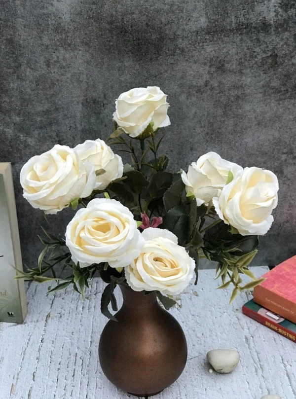 Artificial Flowers Bunch Bouquet Of 5 Vintage Garden Roses For Home Decoration (White, Material:Silk, Polyester) - 0.35, White
