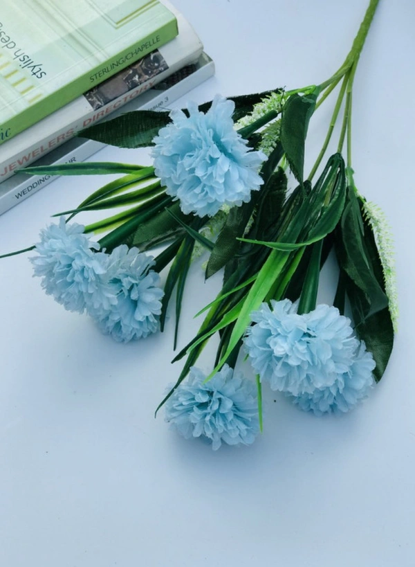 Artificial Flowers Bunch Bouquet Of 6 Chrysanthemum Flowers For Home Decoration (Blue, Material:Silk, Polyester) - 0.35, Blue
