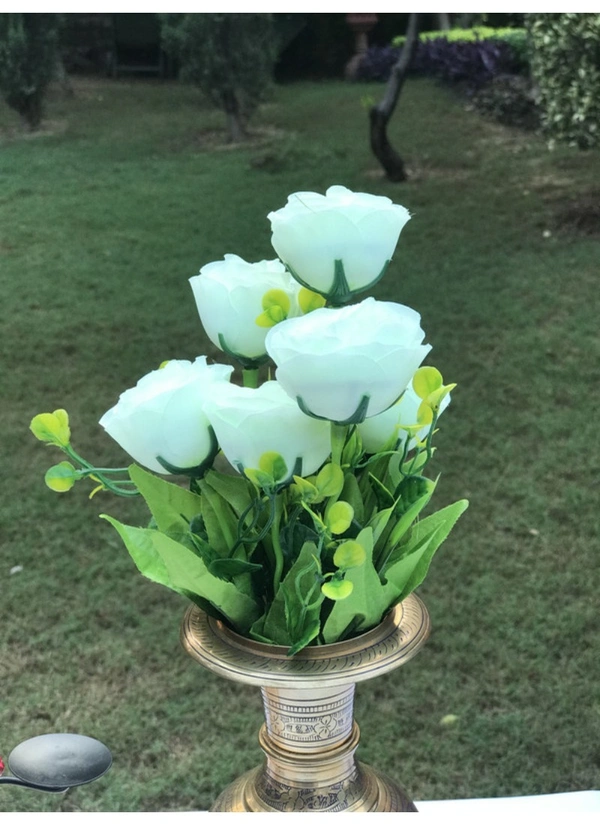 Artificial Flowers Bunch Bouquet Of 6 Garden Roses For Home Decoration (Color: White, Material: Silk Polyester) - 12 Inches, 0.3, White