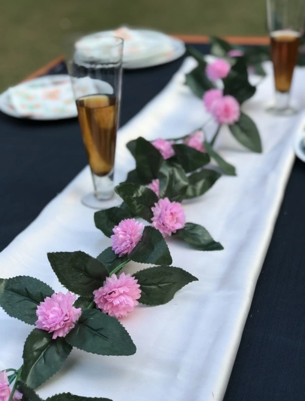 Artificial Light Pink Marigold Genda Flower Vine Creepe With Big Green Leaves For Home Decoration (Color: LightPink, Material: Silk Polyester) - 6.5 Feet, 0.1, Lightpink