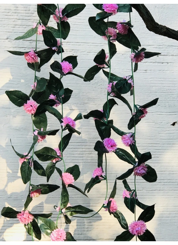 Artificial Light Pink Marigold Genda Flower Vine Creepe With Big Green Leaves For Home Decoration (Color: LightPink, Material: Silk Polyester) - 6.5 Feet, 0.1, Lightpink