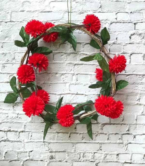 Artificial Red Chrysanthemum Dahlia Flower Vine Creeper With Big Green Leaves For Home Decoraton (Color: Red, Material: Silk Polyester) - 6.5 Feet, 0.1, Red