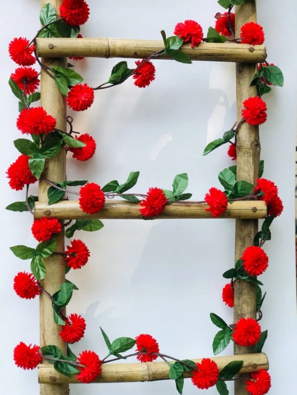 Artificial Red Chrysanthemum Dahlia Flower Vine Creeper With Big Green Leaves For Home Decoraton (Color: Red, Material: Silk Polyester) - 6.5 Feet, 0.1, Red