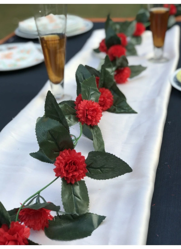 Artificial Red Marigold Genda Flower Vine Creeper With Big Green Leaves For Home Decoration (Color: Red, Material: Silk Polyester) - 6.5 Feet, 0.1, Red