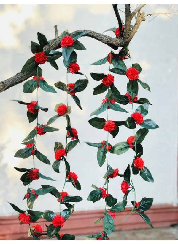 Artificial Red Marigold Genda Flower Vine Creeper With Big Green Leaves For Home Decoration (Color: Red, Material: Silk Polyester) - 6.5 Feet, 0.1, Red