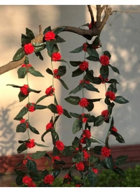 Artificial Red Marigold Genda Flower Vine Creeper With Big Green Leaves For Home Decoration (Color: Red, Material: Silk Polyester) - 6.5 Feet, 0.1, Red