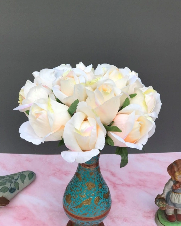 Artificial Rose Flowers Bunch Bouquet Of 13 Roses For Home Decoration (Color: Cream, Material: Silk Polyester) - 12 Inches, 0.38, Cream
