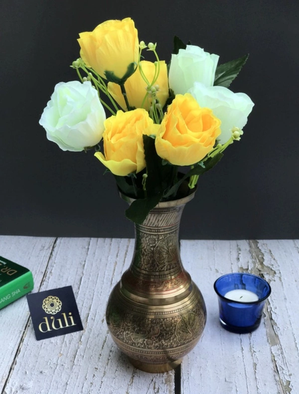 Artificial Rose Flowers Bunch Bouquet Of 7 Roses For Home Decoration (Color: Yellow, Material: Silk Polyester) - 12 Inches, 0.3, Yellow