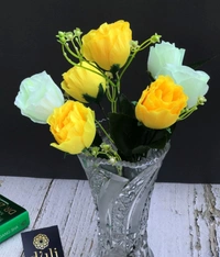 Artificial Rose Flowers Bunch Bouquet Of 7 Roses For Home Decoration (Color: Yellow, Material: Silk Polyester) - 12 Inches, 0.3, Yellow